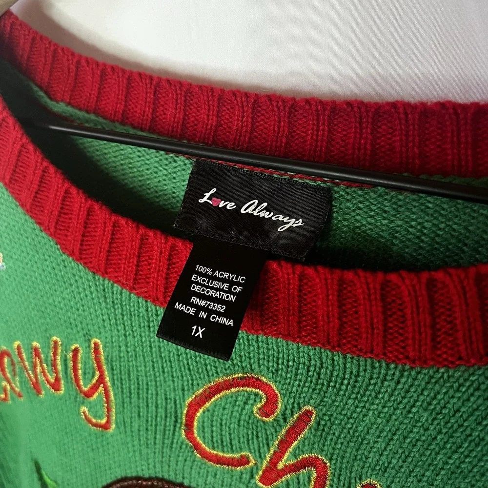 Love Always Sweater Women Size 1X Merry Christmas Ugly Sweater Cat Scarf Glasses